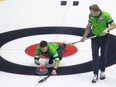 Team Saskatchewan skip Mike McEwen delivers a rock against Team Alberta (Brendan Bottcher) during qualifier playoff game action at the 2024 Montana's Brier inside the Brandt Centre on Friday, March 8, 2024 in Regina.