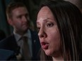 STF President Samantha Becotte speaks to the press during the 2024-2025 Saskatchewan Budget at the Saskatchewan Legislature on Wednesday, March 20, 2024 in Regina.