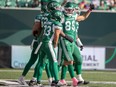 Saskatchewan Roughriders receiver Kian Schaffer-Baker (89) celebrates after completing a touchdown during first half CFL action at Mosaic Stadium on Saturday, October 21, 2023 in Regina.