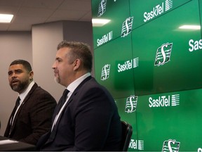 REGINA, SASK : December 1, 2023-- New Saskatchewan Roughriders Head Coach Corey Mace sits beside General Manager Jeremy O'Day during a press conference welcoming Mace to his new position on Friday, December 1, 2023 in Regina. KAYLE NEIS / Regina Leader-Post