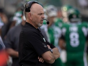 Former Saskatchewan Roughriders head coach Craig Dickenson watches a play during the first half of pre season CFL action at Mosaic Stadium on Saturday, May 27, 2023 in Regina.