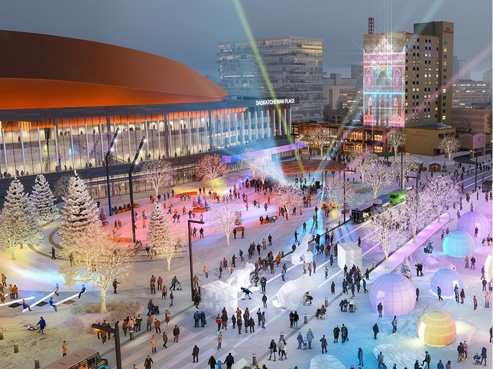 An artist's rendering of the area around a proposed new arena and convention centre expansion in downtown Saskatoon. (City of Saskatoon)