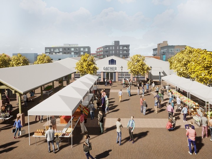  An artist’s rendering of the Gather Local Market that will open at the Farmers market Building at River Landing on May 4, 2024.