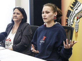 Cambria Harris, daughter of Morgan Harris, right, who is believed to be buried in a landfill outside Winnipeg, and Assembly of Manitoba Chiefs Grand Chief Cathy Merrick, speak during a press conference in Winnipeg, Friday, March 22, 2024.