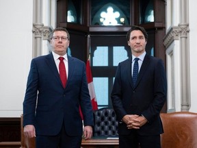 Prime Minister Justin Trudeau meets with Premier of Saskatchewan Scott Moe in his office on Parliament Hill in Ottawa, on Nov. 12, 2019.