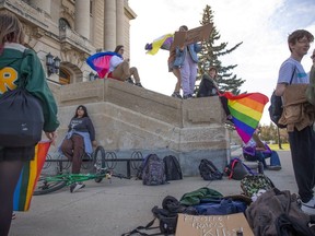 Youth from various high schools in Regina stage a rally outside the Saskatchewan Legislative Building surrounding a policy from the Saskatchewan Government surrounding pronouns on Tuesday, October 17, 2023 in Regina.