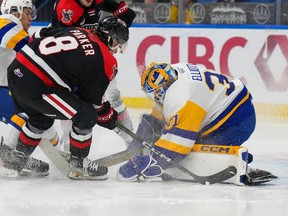 Saskatoon Blades goalie Austin Elliott covers the puck in front of Moose Jaw Warriors defenceman Kalem Parker (8) during WHL action this year night at SaskTel Centre.
