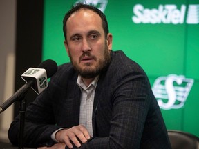 Current Saskatchewan Roughriders president and CEO Craig Reynolds speaks to media after the news of former president and CEO Jim Hopson's death at Mosaic Stadium on Thursday, April 4, 2024 in Regina.