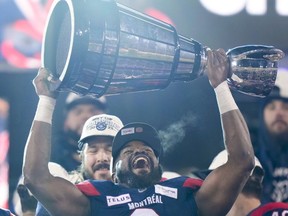 Shawn Lemon celebrating the Montreal Alouettes 2023 Grey Cup victory.