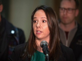 STF president Samantha Becotte speaks to the press after question period inside the Saskatchewan Legislative Building on Thursday, March 14, 2024 in Regina.