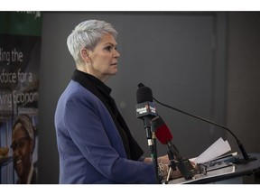 Environment Minister Christine Tell announces funding into the province's hospitality industry at the Atlas Hotel on Tuesday, April 2, 2024 in Regina.