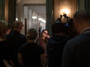 Taya Thomas (L) who lost her firstborn child answers questions from the press after returning to the Legislature to to demand an apology from the Education Minister after remarks where made about the lost of a child at the Saskatchewan Legislative Building on Thursday, April 18, 2024 in Regina.