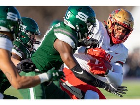 Laval receiver Kevin Mital is considered a top prospect in the 2024 CFL Draft. He is seen here catching a pass against Saskatchewan in the first half of the 2022 Vanier Cup in London, Ont. Photograph taken on Saturday November 26, 2022.