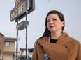 Meara Conway, Opposition critic for ethics and democracy, stands outside the Sunrise Motel on Jan. 25, 2024 in Regina.