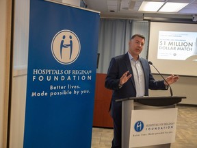 Rodney Schoettler CEO of Municipal Hail speaks during an announcement to enlarge care available to cardiac patients from across southern Saskatchewan at Regina General Hospital on Tuesday, April 16, 2024 in Regina.