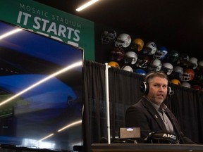 Dave Thomas, who is being introduced as the new radio play-by-play voice for the Saskatchewan Roughriders on 620 CKRM, joins on air during a live show at Mosaic Stadium on Wednesday, April 10, 2024 in Regina.