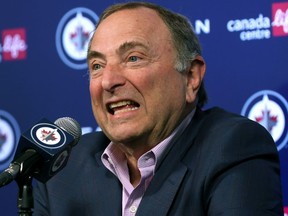 NHL commissioner Gary Bettman speaks with media about the Winnipeg Jets at Canada Life Centre on Tues., Feb. 27, 2024. KEVIN KING/Winnipeg Sun