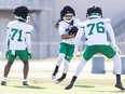 Cole Coleman (37) on the field during day one of Saskatchewan Roughriders Rookie training camp at Griffiths Stadium in Saskatoon on Wednesday, May 8, 2024. Coleman was one of the players released by the Riders on Wednesday.