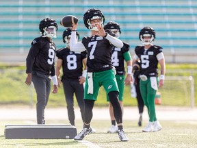 Quarterback Trevor Harris on the field during Day 1 of Saskatchewan Roughriders rookie training camp at Griffiths Stadium.