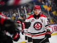 Moose Jaw Warriors forward Atley Calvert (23) celebrates after scoring against Saskatoon Blades during the second period of the first game of WHL Eastern Conference final at SaskTel Centre in Saskatoon, Sask., on Friday, April 26, 2024.