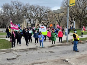 Dozens of health care workers and supporters gathered in Saskatoon on Saturday, May 4, 2024 as part of the event billed as the All In For Public Health Care rally.
