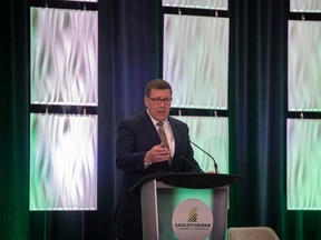 Premier Scott Moe gives his keynote speech at the Saskatchewan Chamber of Commerce's Food, Fuel, Fertilizer Global Summit on Monday, May 6, 2024 in Regina.