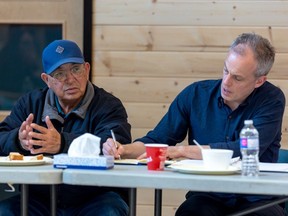 Peter Ballantyne Cree Nation Chief Peter Beatty and Director General of the Indigenous Affairs Branch at Public Safety Canada Adrian Walraven during a meeting on public safety in Pelican Narrows on Thursday, April 25, 2024.