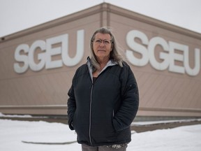 Lori Bossaer, chair of the Public Service/Government Employment (PS/GE) bargaining unit of the Saskatchewan Government and General EmployeesÕ Union (SGEU) stands for a portrait at the offices on Thursday, February 8, 2024 in Regina.