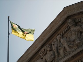The Saskatchewan flag flies over the Legislative Building in Regina.