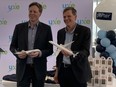Porter Airlines Vice President Network Planning and Reporting Andrew Pierce with Saskatoon Mayor Charlie Clark celebrating the start of regular Porter Airlines flights from Saskatoon to Toronto on May 16 2024.