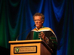 Yann Martel speaks after receiving an honorary degree from the University of Saskatchewan during the graduation ceremony at Merlis Belsher Place.
