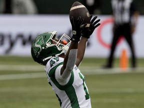 Saskatchewan Roughriders receiver Shawn Bane Jr. celebrates one of his three touchdown receptions during a 29-21 CFL victory Saturday against the hometown Edmonton Elks.