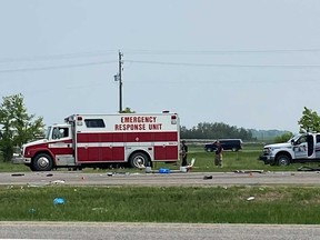 Emergency crews respond to the scene that closed a section of the Trans-Canada Highway near Carberry, Man., on Thursday, June 15, 2023.