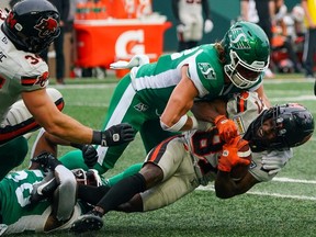 Jayden Dalke (green) has been an aggressive safety in the Saskatchewan Roughriders secondary