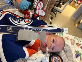 Nurses at the Jim Pattison Children's Hospital decorated the room of Mark Lay with Edmonton Oilers memorabilia as shown here on Monday June 10, 2024. The fourth generation Oilers fan is just shy of three months old and weighs in at approximately five pounds.