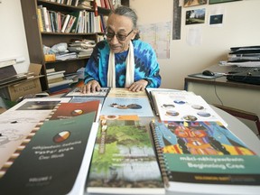Solomon Ratt displays some Cree resources at his office in the First Nations University of Canada in Regina. Ratt was appointed to the Order of Canada on June 27, 2024.