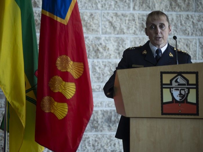 Assistant Commissioner Rhonda Blackmore speaks during a panel hosted by the RCMP to discuss an internal review into the handling of the James Smith Cree Nation incidents and the following recommendations at the RCMP Heritage Centre on Thursday, June 6, 2024 in Regina. KAYLE NEIS / Regina Leader-Post