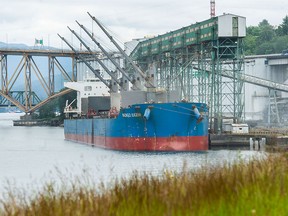 A cargo ship is loaded with grain at the Viterra Cascade Terminal in Vancouver.