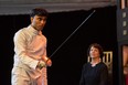 Praneet Akilla (left) acts out a scene from Shakespeare on the Saskatchewan’s Hamlet during a media call.