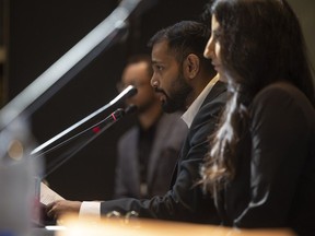 RIFFA president and CEO John Thimothy (middle) speaks during a press conference Tuesday at the Cornwall Centre for this year's Regina International Film Festival.