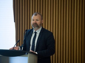 Minister Responsible for SaskPower Dustin Duncan speaks during a press conference on April 29, 2024 in Regina.