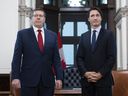 Prime Minister Justin Trudeau meets with Saskatchewan Premier Scott Moe in his office on Parliament Hill in Ottawa, on Tuesday, Nov. 12, 2019.