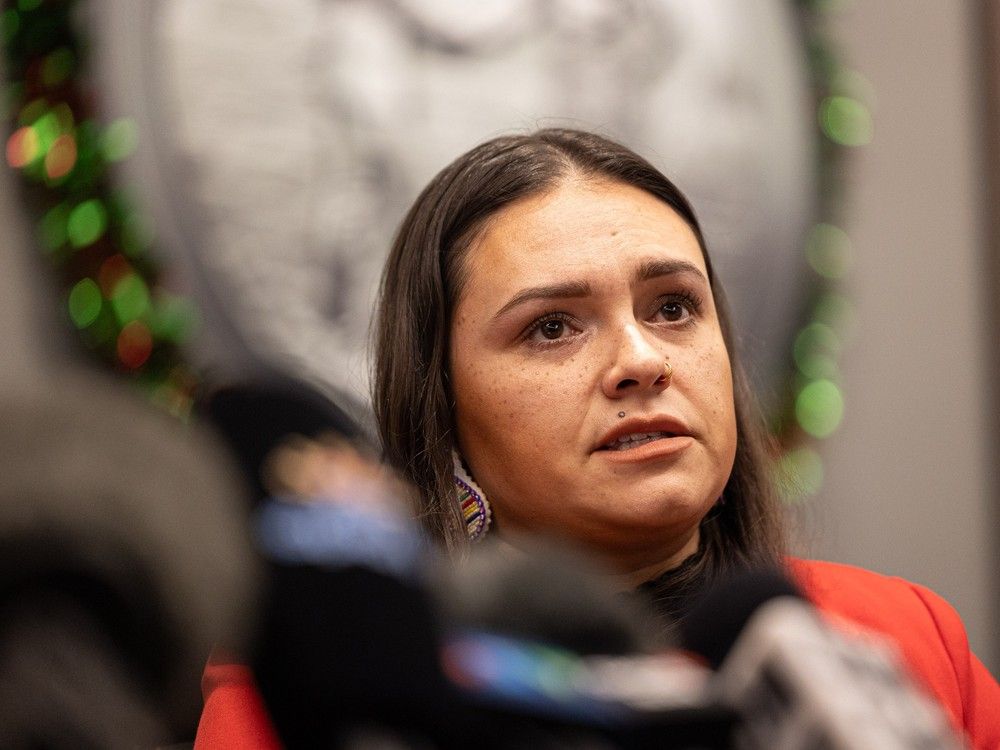  sarah smokeyday speaks at a press conference addressing the staying of charges against taylor ashley kennedy, 28, in saskatoon on dec. 17, 2024.