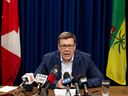 Premier Scott Moe holds a press conference at the Saskatoon Cabinet Office, saying he supports the first round of counter-tariffs from the federal government but is calling for