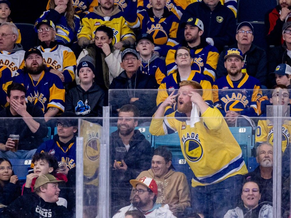 Saskatoon Blades fans react during WHL playoff action at SaskTel Centre against the visiting Calgary Hitmen. Photo taken in Saskatoon, Sask. on Tuesday, April 1, 2025.