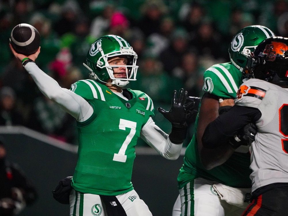 Trevor Harris hit Tommy Nield for a touchdown pass with 11 seconds left to book Saskatchewan's first trip to the Grey Cup since 2013.