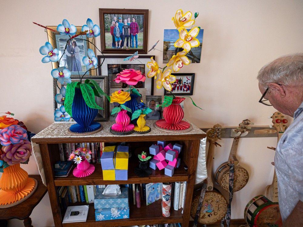 music Origami fills tables and shelves in Weldon Grey's home.