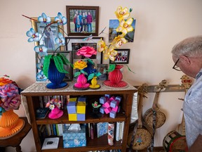 music Origami fills tables and shelves in Weldon Grey's home.
