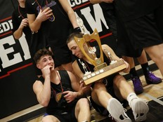 All-star Seth Harding (left) and MVP Eli Steed were all smiles after leading the Magrath Zeniths to the school's first-ever championship at the 56th annual Bedford Road Invitational Tournament. The smallest school in this year's field, the Zeniths knocked off Winnipeg Dakota Collegiate 70-60 in front of a packed Kelly Bowers Gymnasium on Jan. 10, 2026.