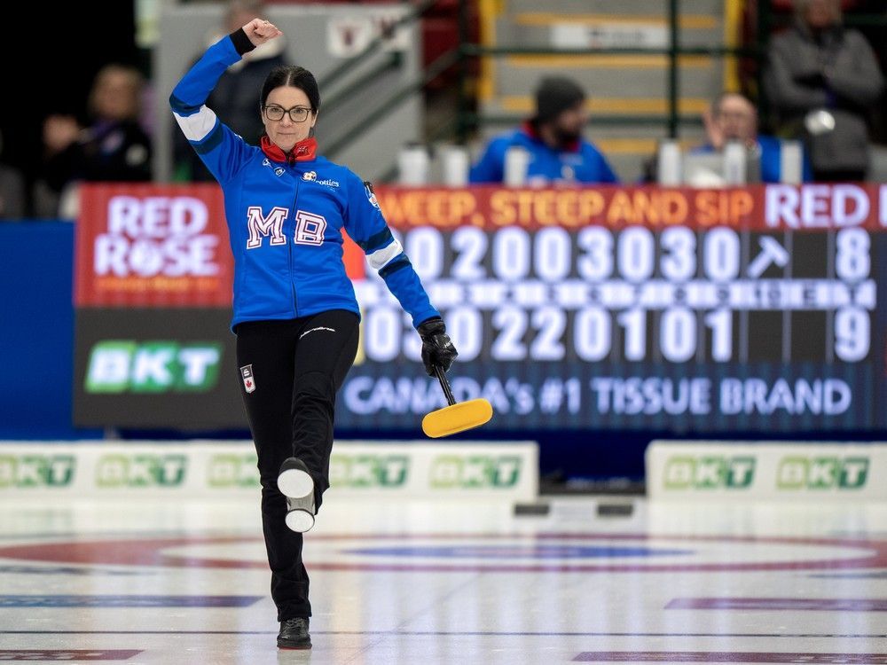 Manitoba skip Kerri Einarson celebrates her comeback win over fellow Manitoban Kate Cameron during Scotties Tournament of Hearts action in Thunder Bay, Ont., Tuesday, Feb. 18, 2025.